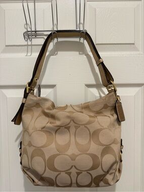 Coach Tan Signature Canvas Shoulder Bag with Leather Trim